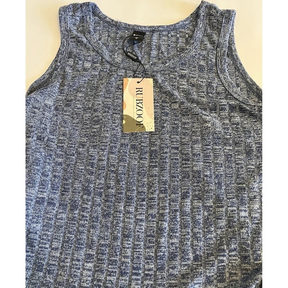 Rubzoof Ribbed Knit Tank Women Size Medium Blue New Sleeveless Side Slit Top
